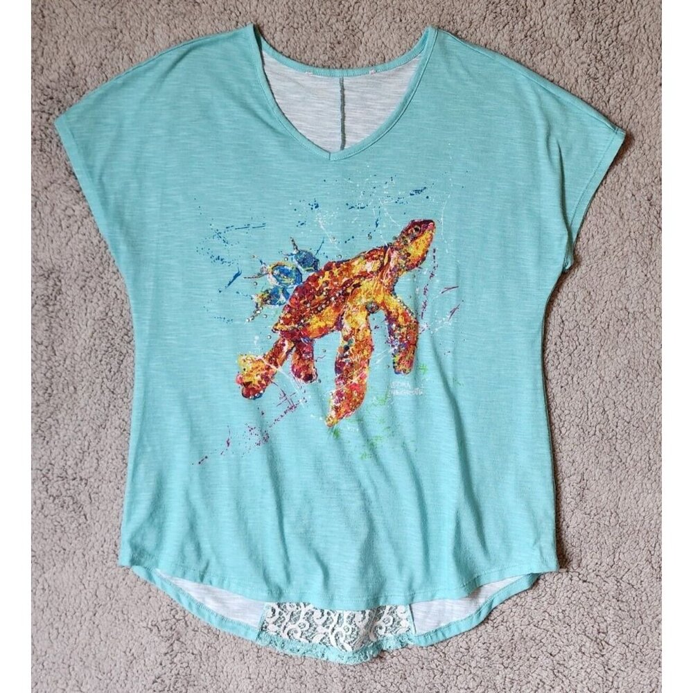 Leoma Lovegrove Womens Short Sleeve V Neck Tshirt Top Lace Accents Sea Turtle XL